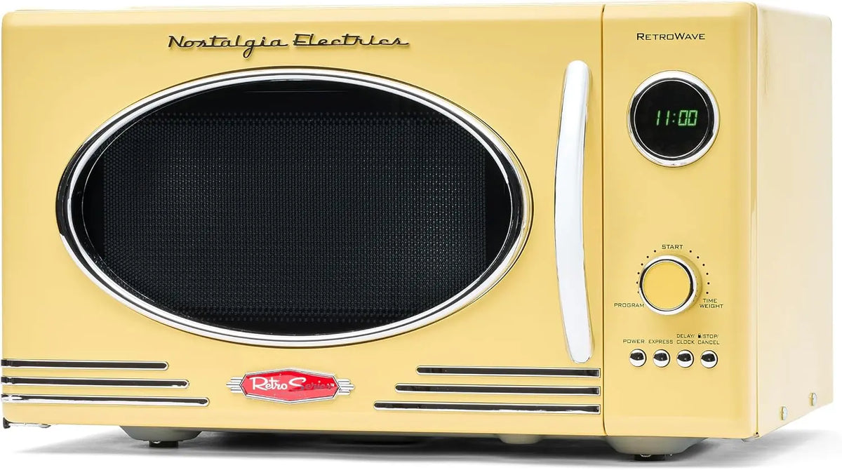 Nostalgia Retro Microwave - Countertop Microwave Oven, Includes 12 Pre-Programmed Settings and Digital Clock, 0.9 Cu. Ft., 800 Watts, Yellow