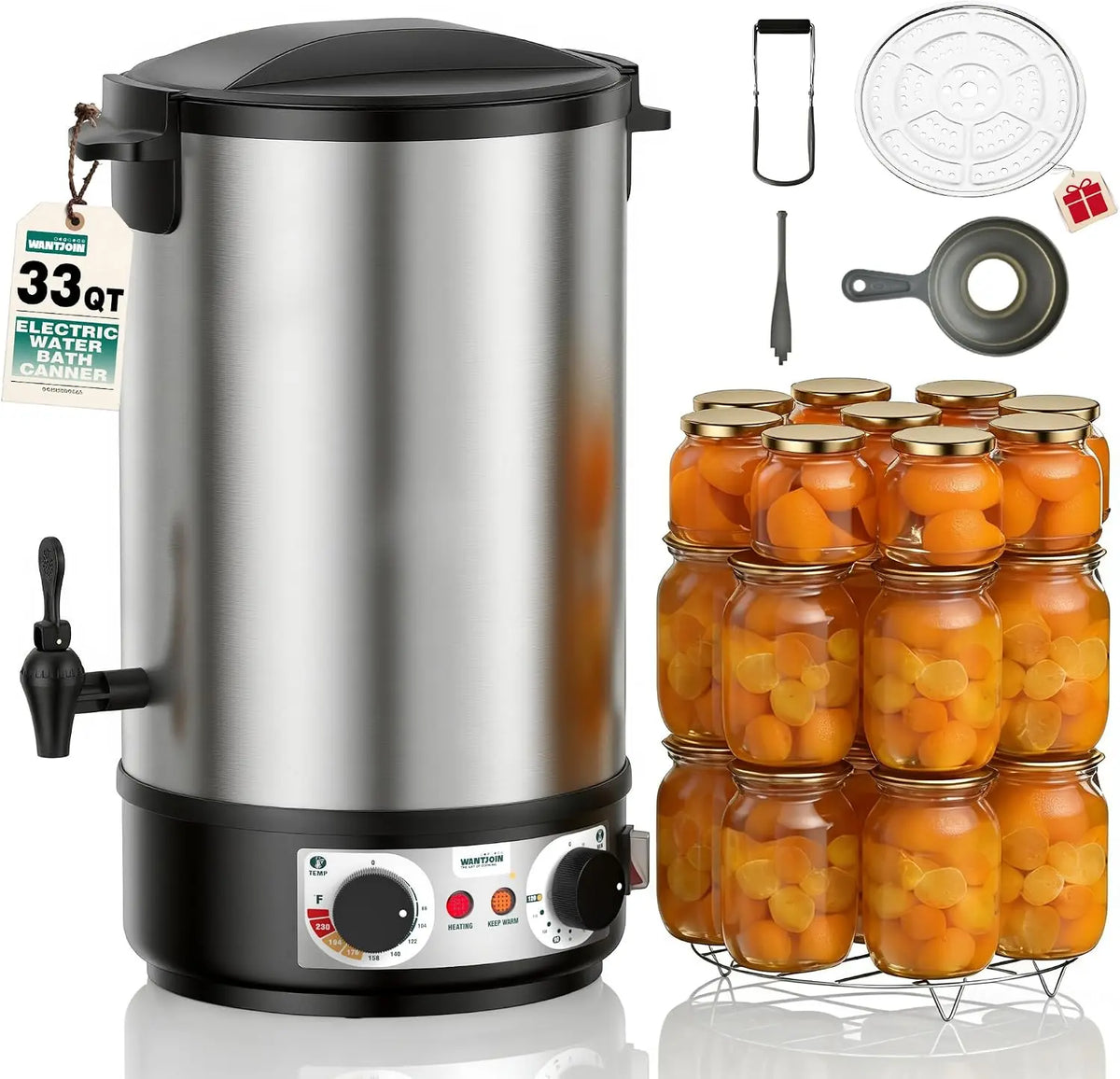 WantJoin Water Bath Canner - 1800W 33QT Stainless Steel Electric Canner, Adjustable Temp, 86-212°F, & Timer, 30-180min, Makes 11 Quart Jars
