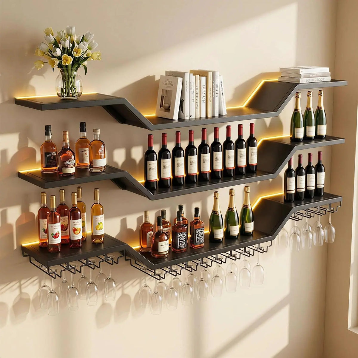 Wall Mounted Wine Rack with LED Light - 63in/160 cm Metal 3-Tier