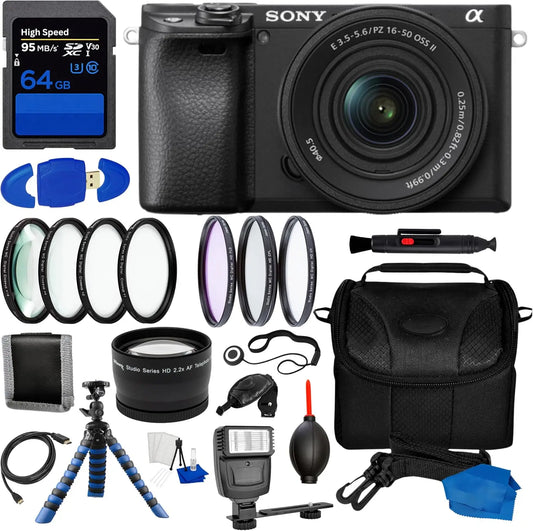 Alpha a6400 Mirrorless Camera with 16-50mm Lens II + 17PC Accessory Bundle - 24.2MP APS-C, 4K Video, Flip Screen, Tripod, 64GB Card, Flash, Renewed