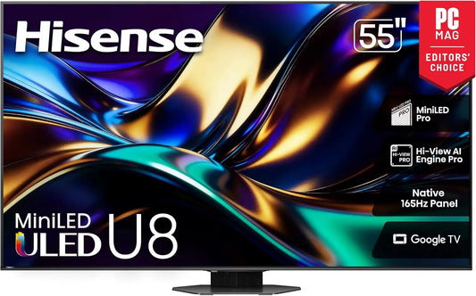 Hisense 55 Inch U8 Series ULED Mini-LED 4K UHD Smart Google TV - 55U8QG, QLED, Native 165Hz, VRR 288, Up to LD5600, 5000 Nits, HDR10+, IMAX Enhanced