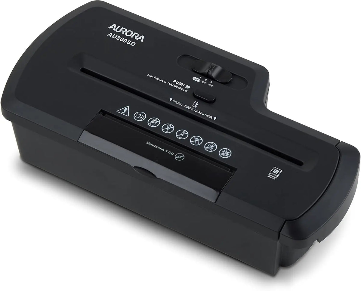 Aurora AU800SD Professional Strip Cut Paper Shredder/CD/Credit Card Shredder Without Wastebasket - 8-Sheet Strip-Cut No Basket, Black