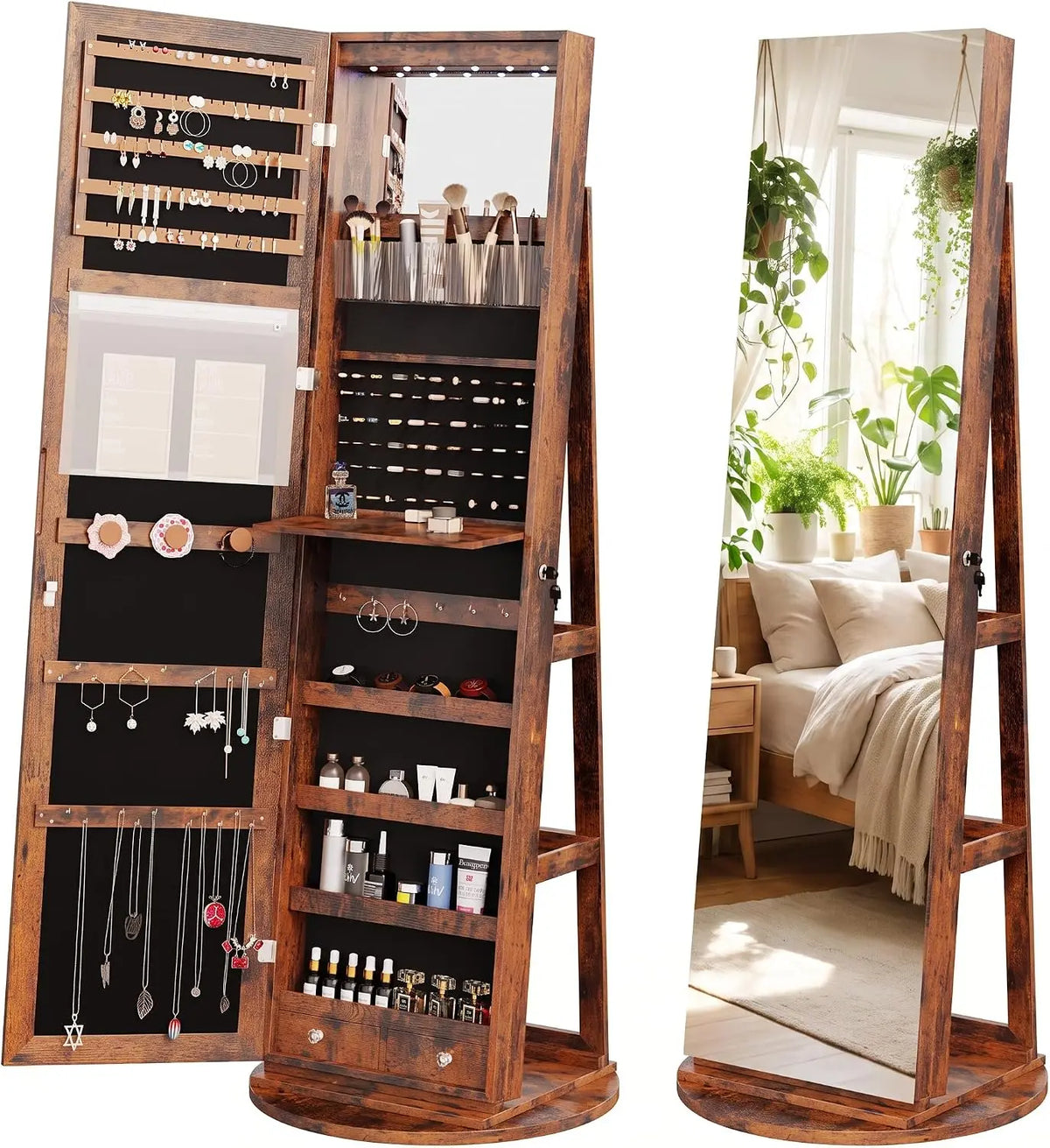 OLIXIS 360° Swivel Jewelry Cabinet with Light - Lockable Full Length Mirror