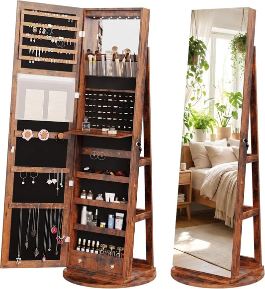OLIXIS 360° Swivel Jewelry Cabinet with Light - Lockable Full Length Mirror