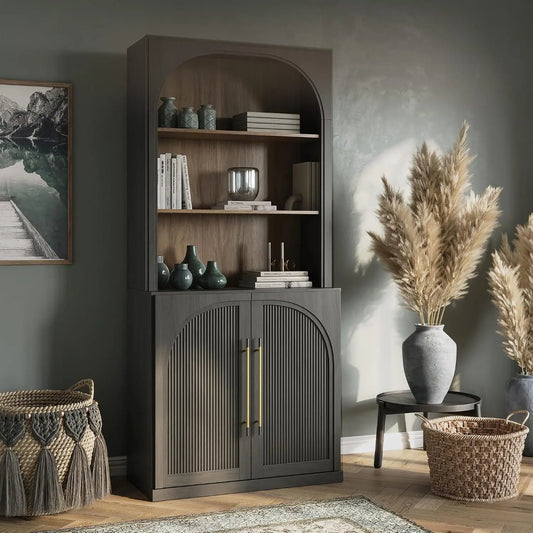 BELLEZE 72 Inch Tall Storage Cabinet with Hutch - Modern Wood Sideboard with Arched Doors and 3-Tier Shelves, Display Curio Cabinet for Kitchen, Ebony