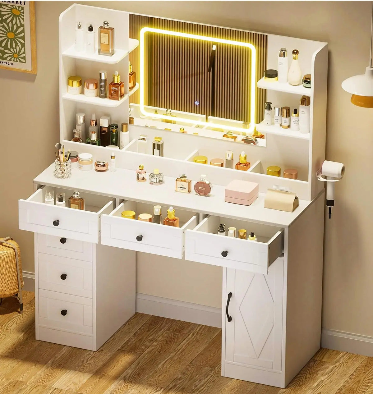 COMHOMA Makeup Vanity Desk with Mirror and Lights - Large Vanity Table with 6 Drawers & 1 Storage Cabinet, White Bedroom Dressing Table for Girls