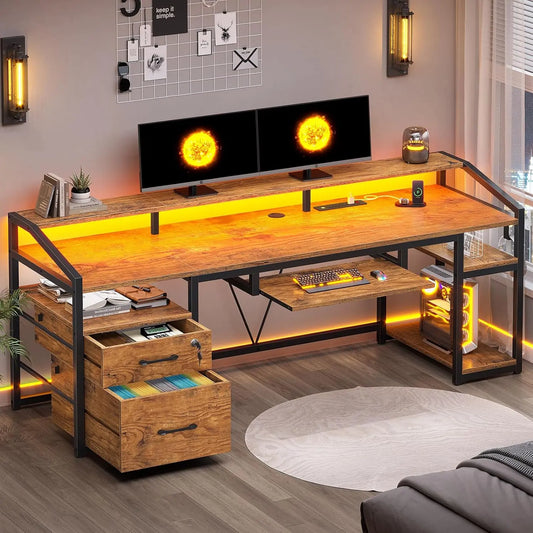 SEDETA 63 Inch Computer Desk - Office Desk with Lock Drawers for Legal/Letter File, Gaming Desk with LED Light & Power Outlet, Rustic Brown