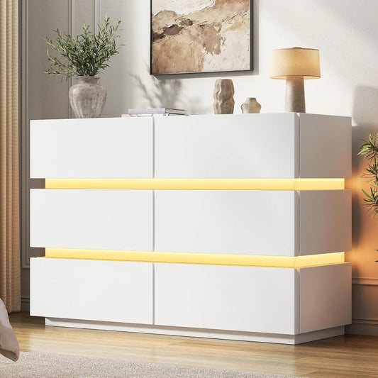 Jocoevol 6 Drawer Dresser with LED Lights - Modern White Dresser for Bedroom
