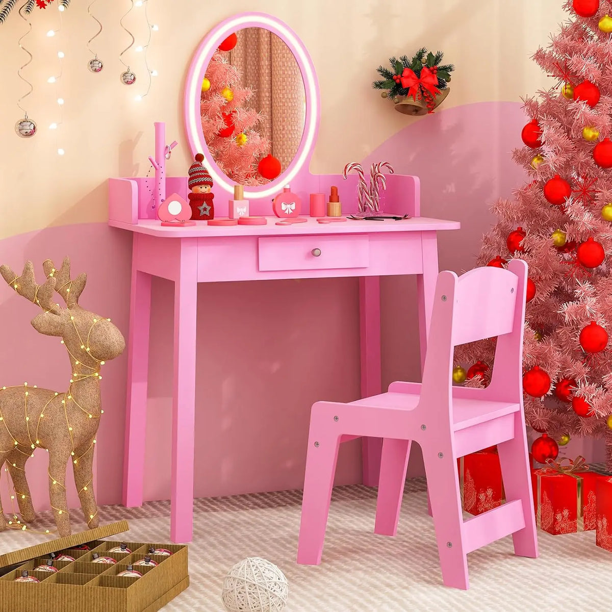 Costzon Kids Vanity - Girls Vanity Set with Mirror and Stool and Lights, Drawer, Jewelry Rack, 2 in 1 Wooden Princess Makeup Desk Dressing Table, Pink