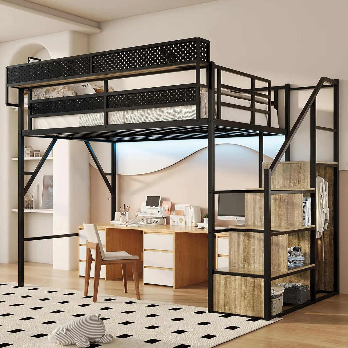 Full Size Metal Loft Bed with Storage Stairs - Wardrobe & Charging Station