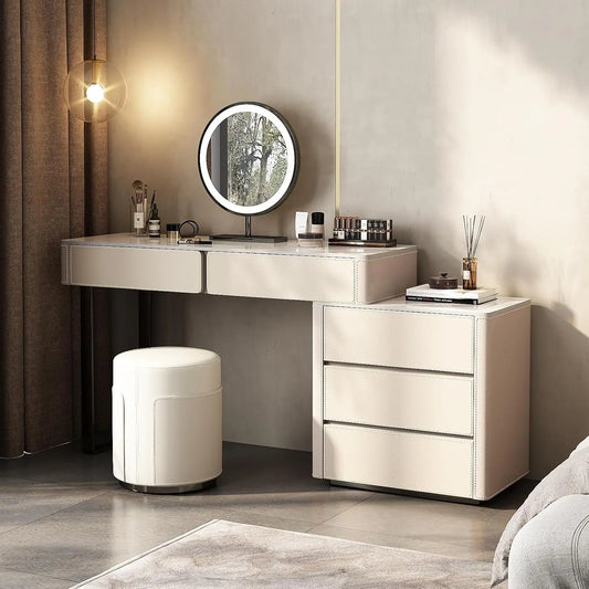 Lartis Faux Leather Makeup Vanity Desk Set - LED Lighted Mirror Luxury Dressing Table with Storage Drawers & Vanity Stool, Cream/Gray
