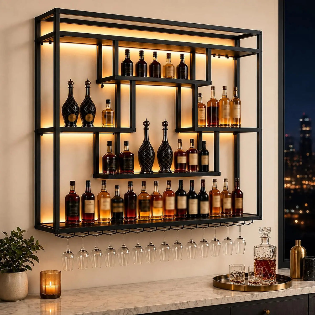 Wall Mounted Wine Rack with LED Lights - Large Industrial Metal Liquor Bottle Display Shelf with Stemware Holder, Home Bar, Kitchen, Dining Room