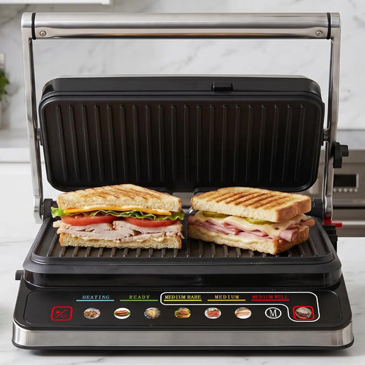 1600W Electric Indoor Grill Panini Press - With 8 Preset Menu