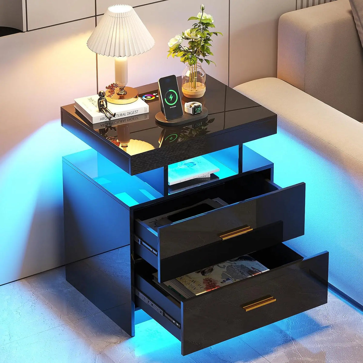 HNEBC LED Nightstand with Wireless Charging Station for Bedroom - Black