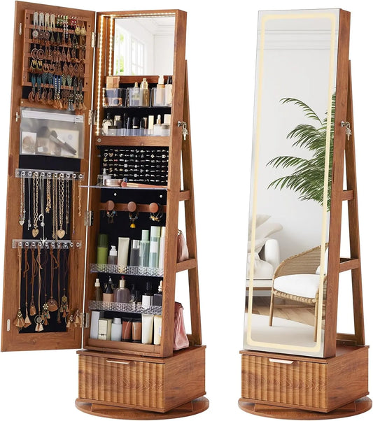 Joaxswe Fluted 360° Swivel Jewelry Armoire Standing - With Full Length Mirror