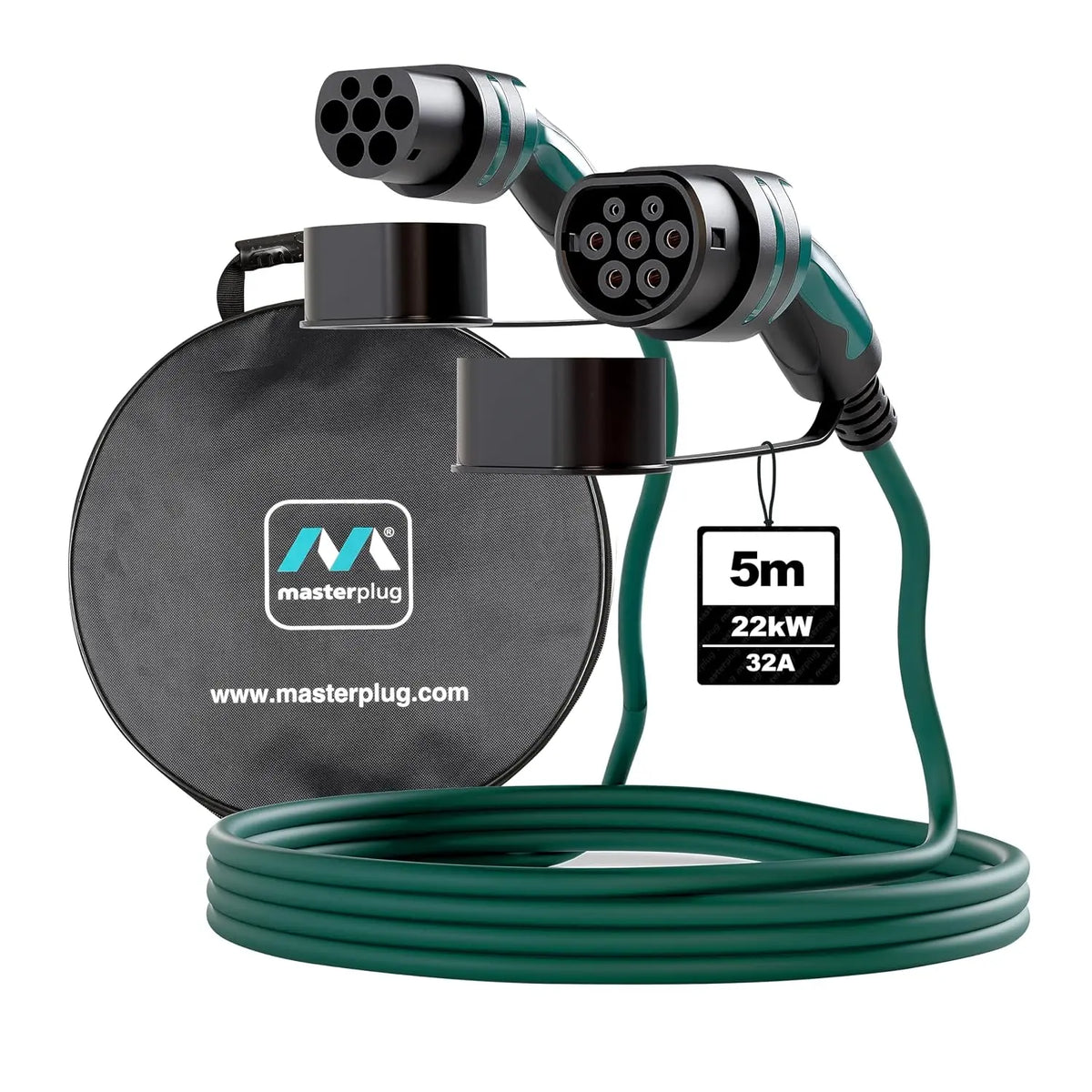 Masterplug Mode 3 EV Fast Charging Cable with Carry Case - Electric and Plug-in Hybrid Vehicle Type 2 to Type 2 Charging Cable, 22kW, 32A