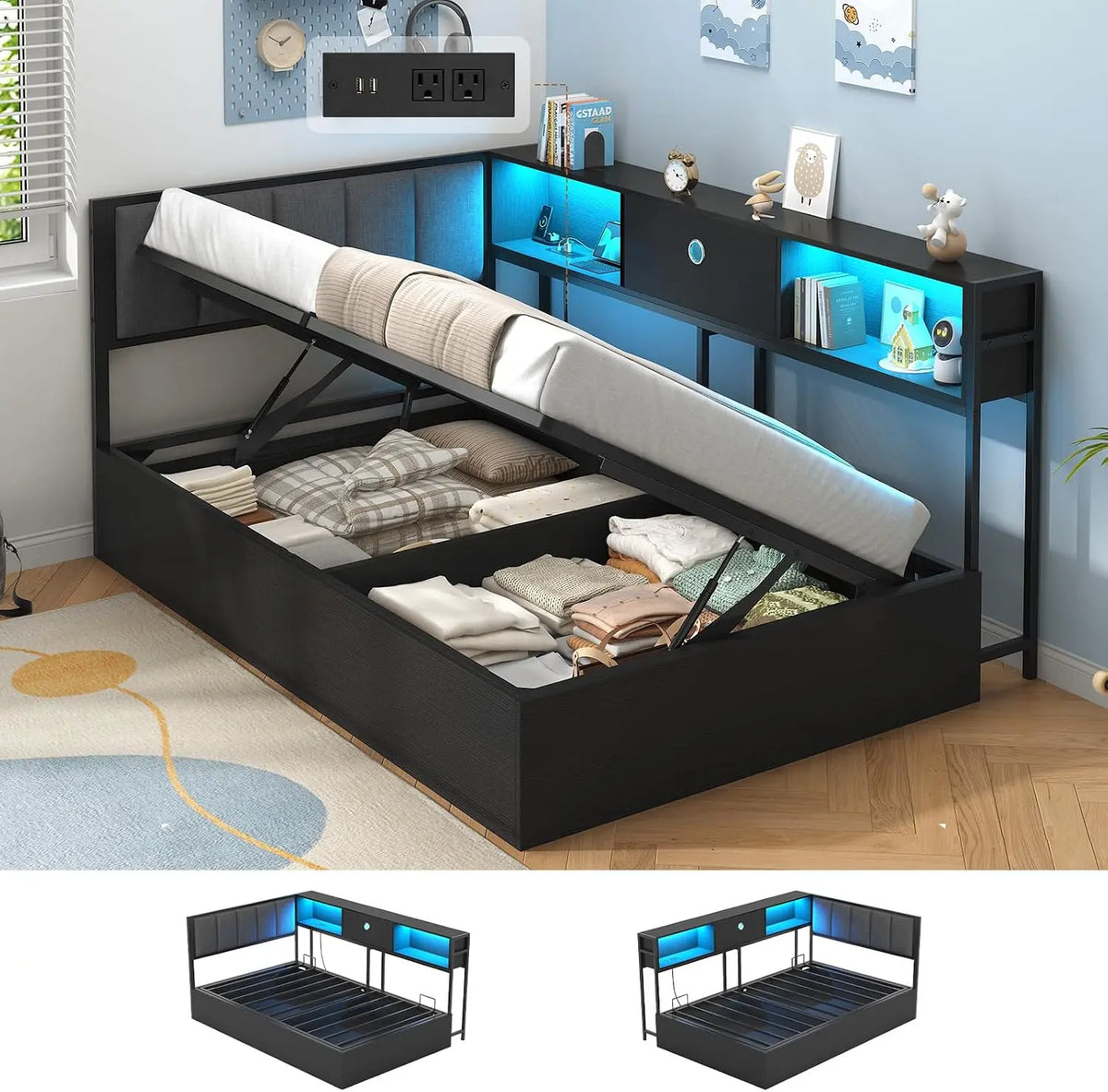 Hasuit Corner Twin Lift Up Storage Bed Frame with Charging Station & LED Lights - Twin Day Bed with Upholstered Headboard and Bookcase, Black