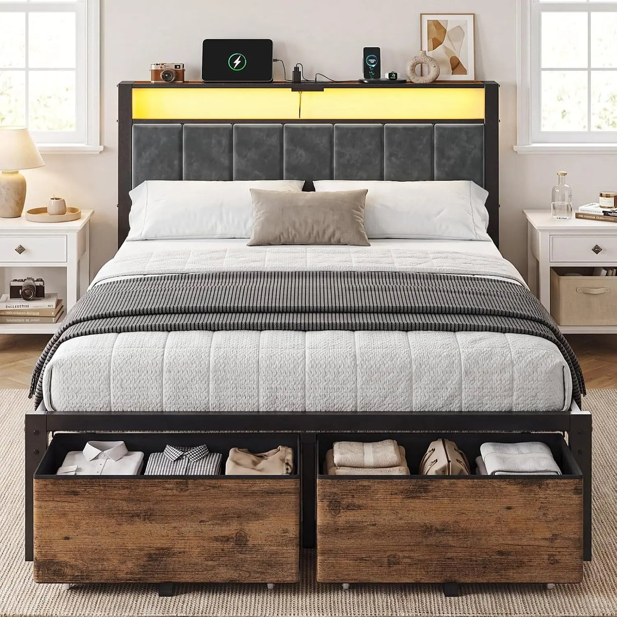 Full Size Bed Frame - With Upholstered Headboard and 2 Storage Drawers
