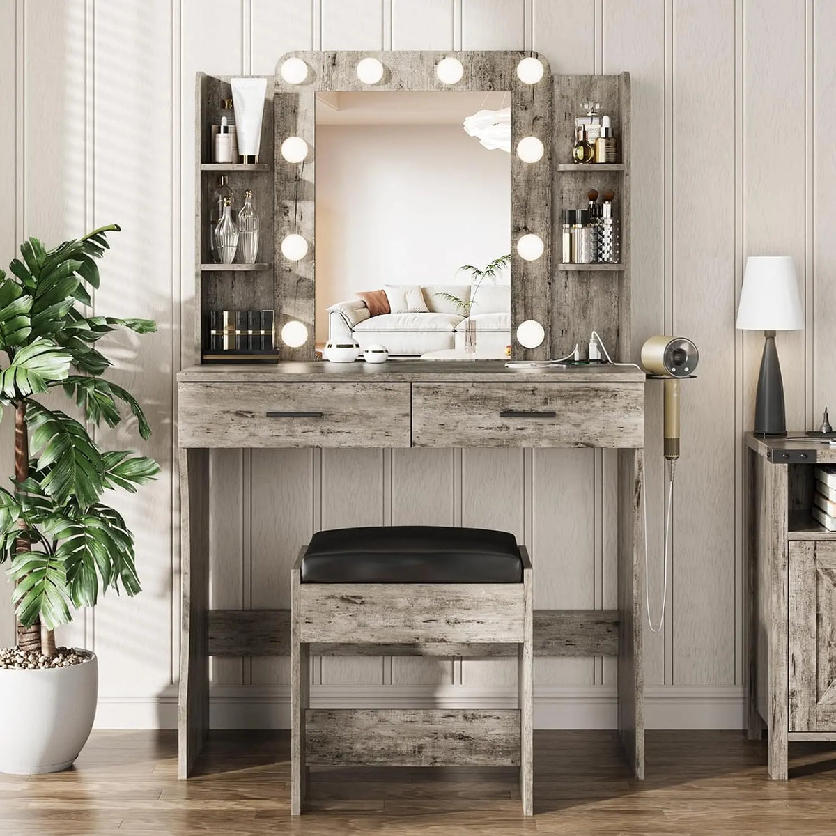 Vabches Vanity Desk with Mirror and Lights - Makeup Vanity Table with Charging Station, Light Rustic Oak