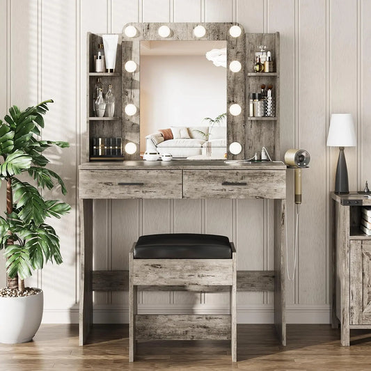 Vabches Vanity Desk with Mirror and Lights - Makeup Vanity Table with Charging Station, Light Rustic Oak