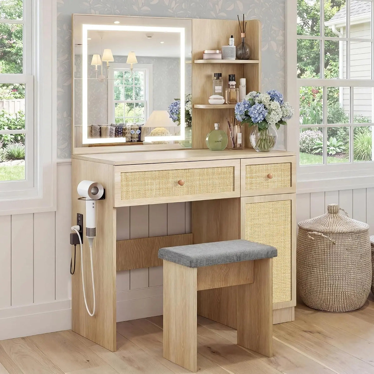 Yechen 35 Inch Small Makeup Vanity Desk with LED Lighted Mirror & Power Strip