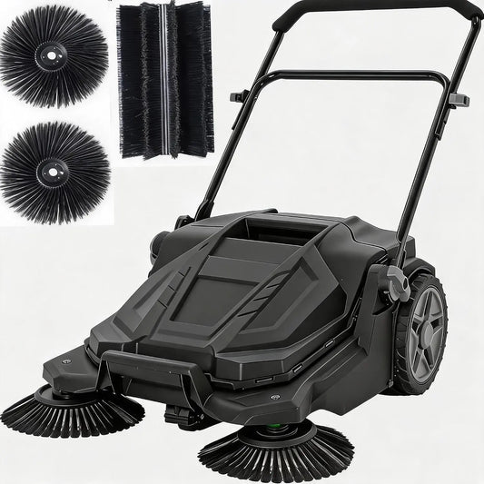 Takywep Walk-Behind Outdoor Hand Push Floor Sweeper - 25.6 Inch Wide Manual Non-Electric Sweeper with 5.25 Gallon Waste Bin
