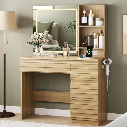 Vanity Desk with Lights - Fluted Vanity with 4 Drawers, Open Shelves, Power Outlet, LED Lighted Mirror, 3 Lighting Modes & Brightness Adjustable