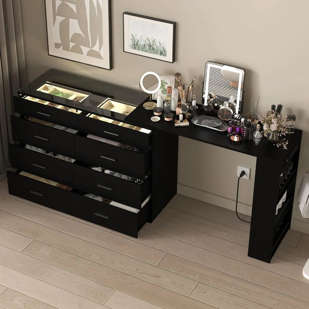 Black Vanity Glass Top with LED Lights - Makeup Vanity Desk with Power Outlets, Corner Vanity with 8 Drawers and 3 Open Storage Shelves