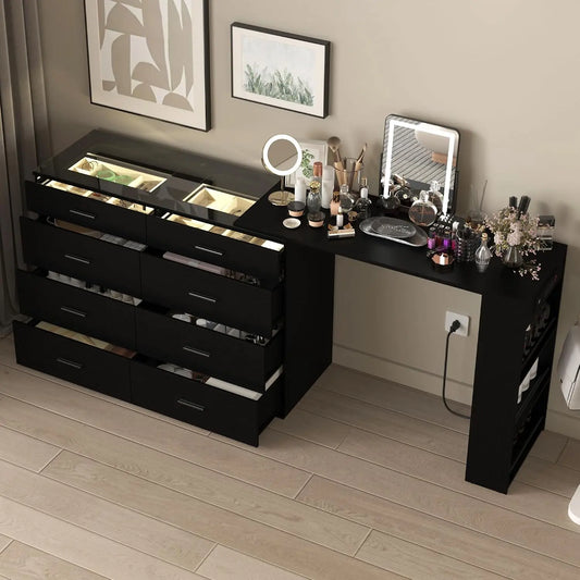 Black Vanity Glass Top with LED Lights - Makeup Vanity Desk with Power Outlets, Corner Vanity with 8 Drawers and 3 Open Storage Shelves