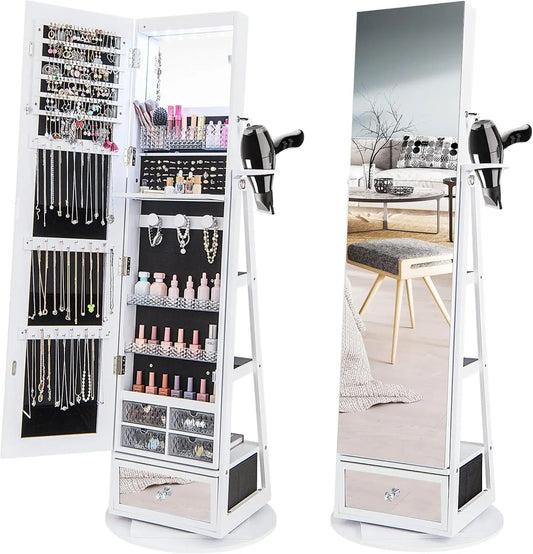 CHARMAID Swivel Jewelry Armoire - Full Length Mirror, Large Bottom Drawer