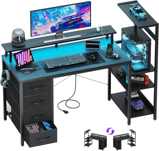 51 Inch Gaming Desk with Drawers & Pieces Tower Stand & LED Lights - Black