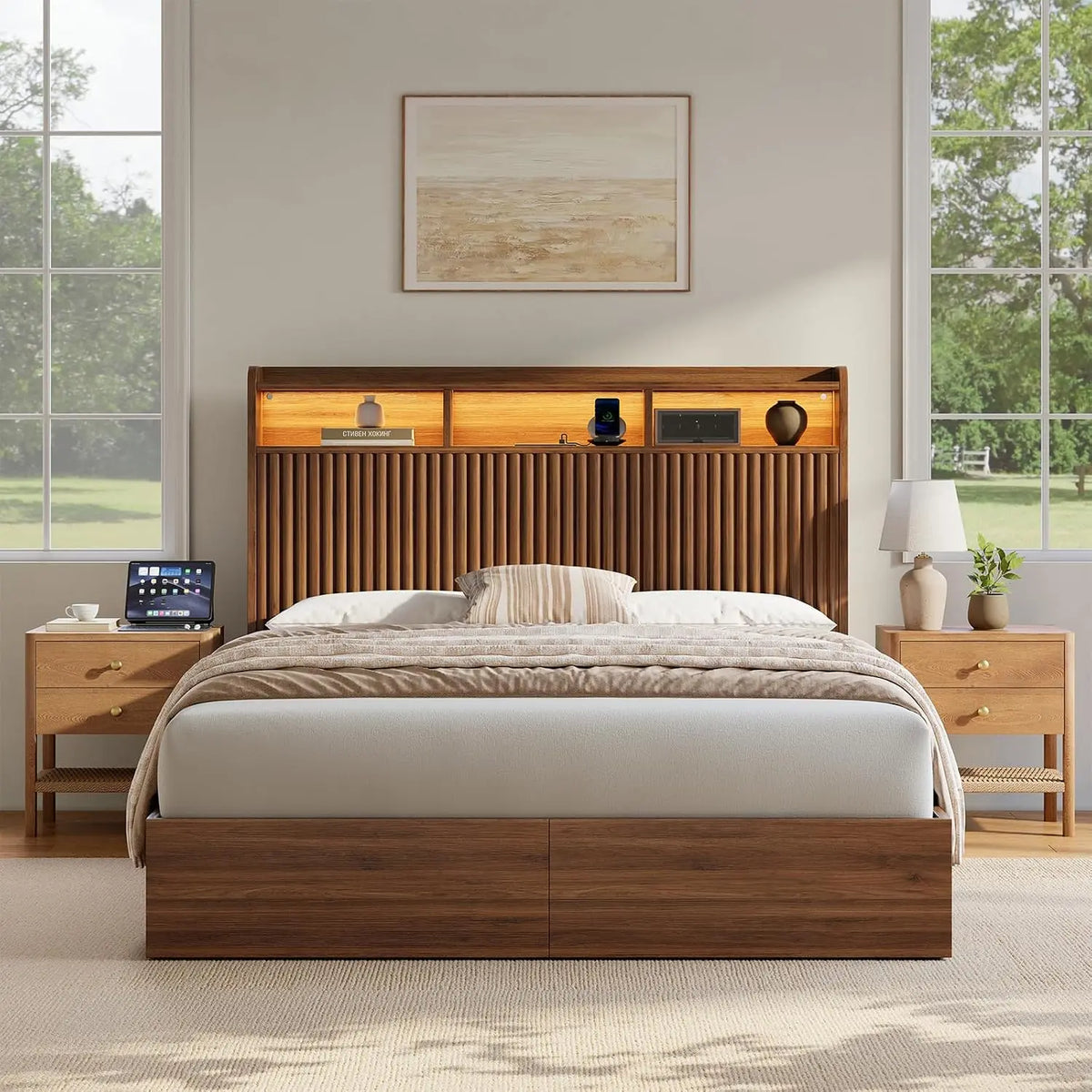 Full Size Bed Frame with Headboard and Storage Drawers - Full Platform Bed Frame with LED Lights and Charging Station, Fluted Wood Grain Design