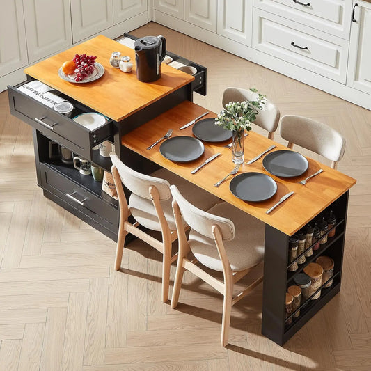 48-76 Inch Kitchen Islands with Extendable Dining Table - 2-4 People, Black