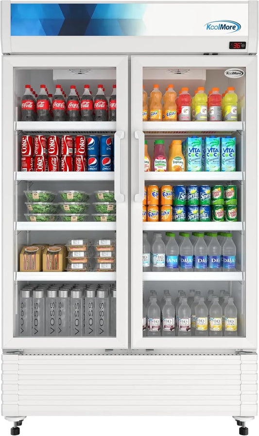 KoolMore 47 Inch Commercial 2-Glass Door Display Merchandiser Refrigerator - Adjustable Shelves and Safety Lock, 29 Cu. Ft. ETL Listed in White