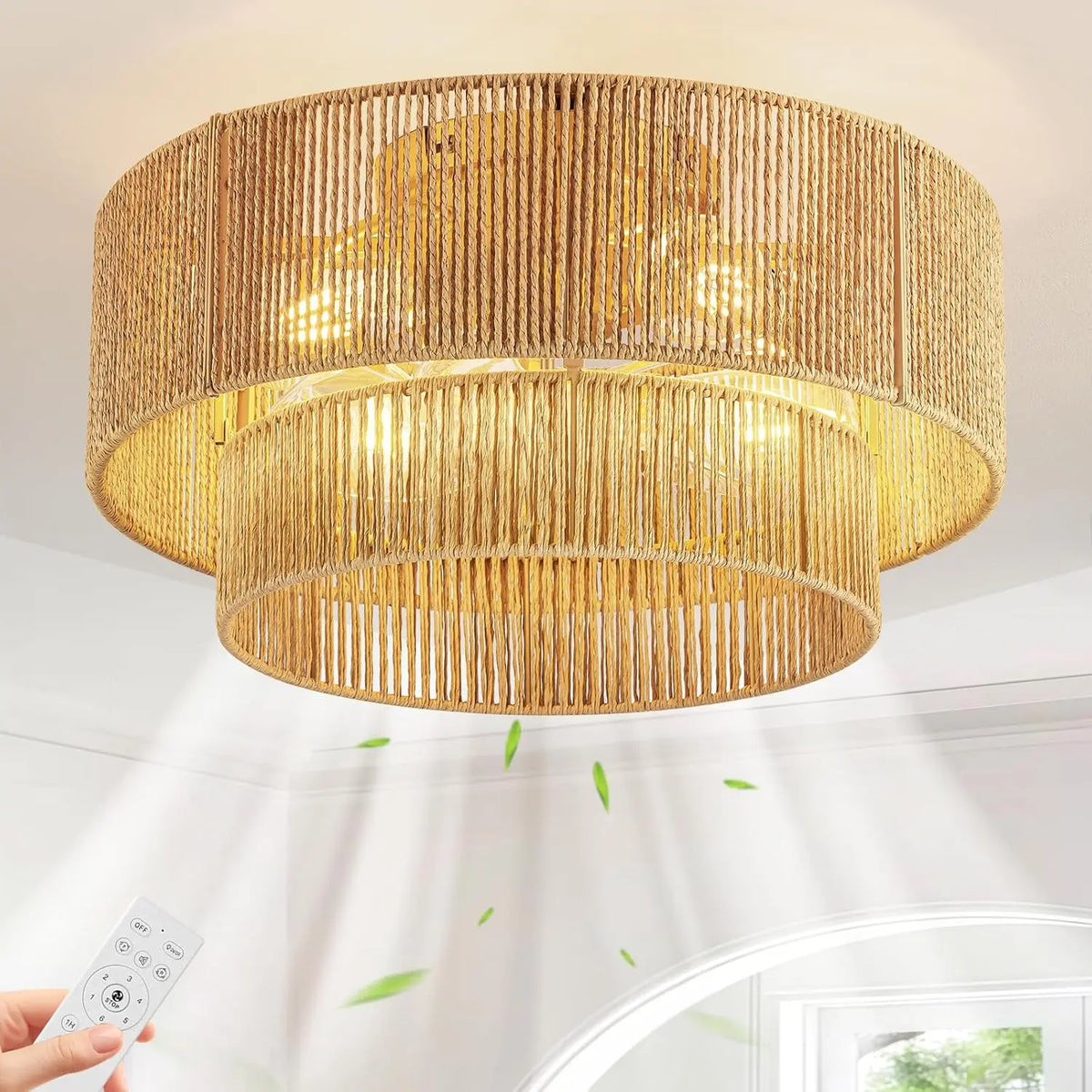 Boho Caged Ceiling Fan with Light Flush Mount - Handwoven Rattan Fandelier