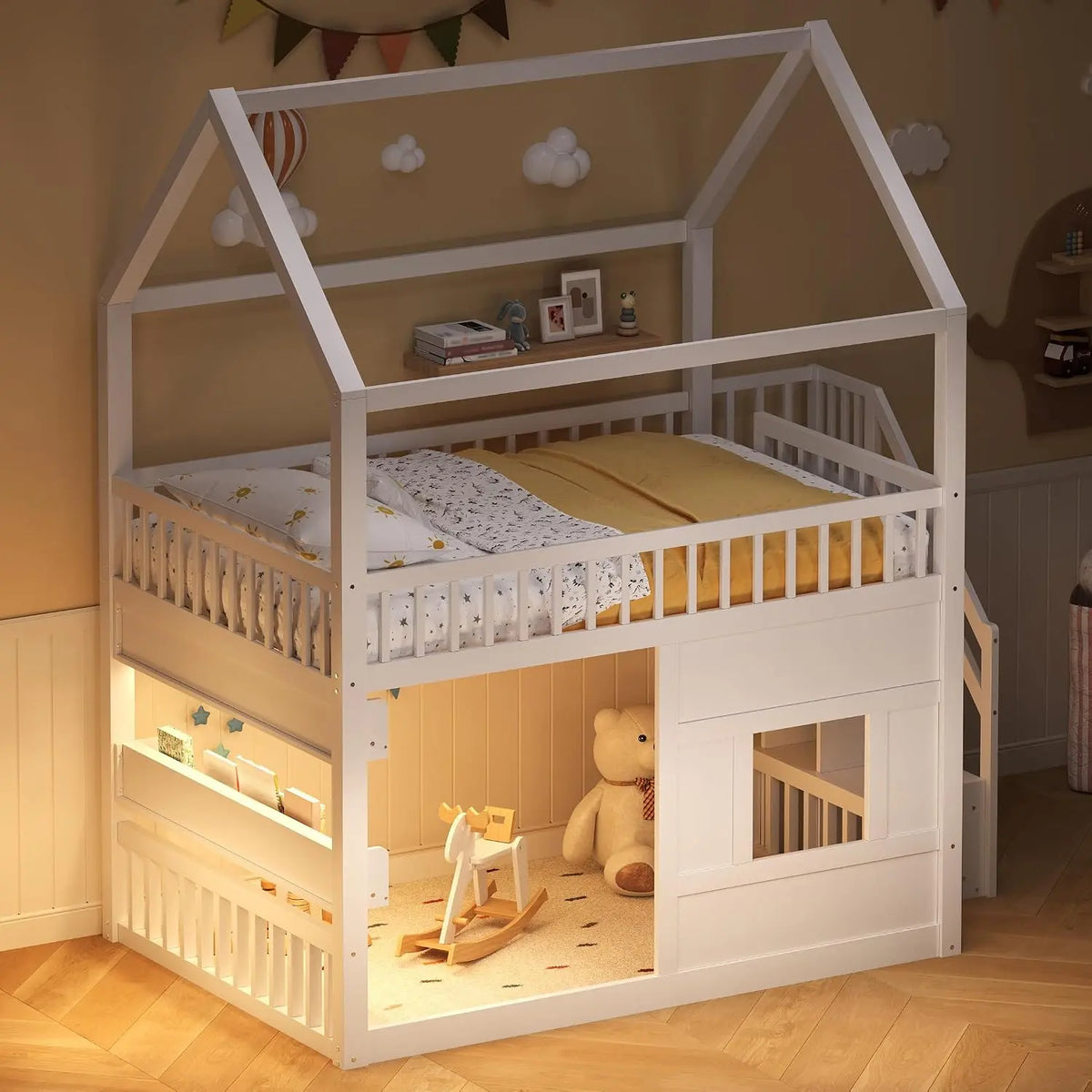 Full Size Kids House Loft Bed with Built-in LED Shelf Light&Open Shelf - Wood Playhouse Loft Bed with Roof and Window, Safety Guardrails&Ladder, White