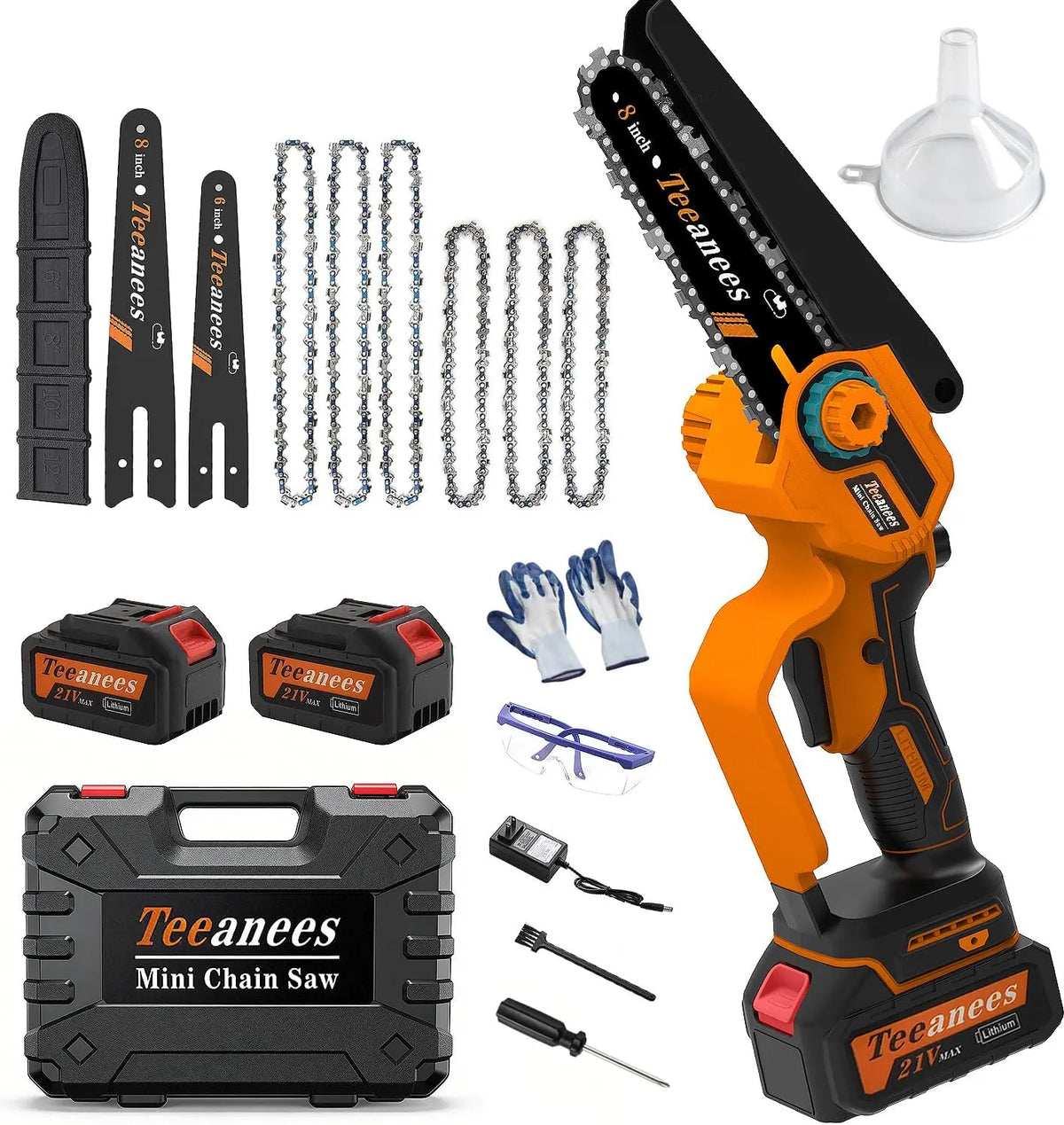8 Inch Mini Chainsaw Cordless - 1200W Brushless Electric Chain Saw with 2x 4000mAh Batteries & 6 Chains, 2-in-1 Dual Bar, 8 Inch & 6 Inch, Orange
