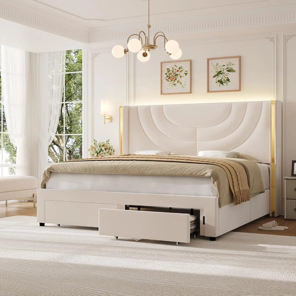 HITHOS Full Upholstered Platform Bed Frame - LED Storage Headboard, Beige