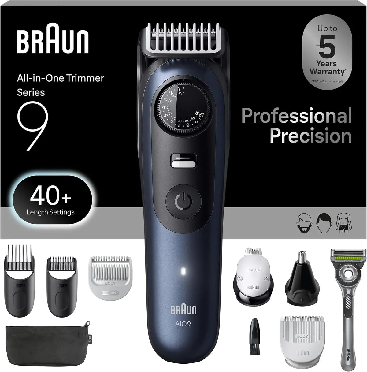 Braun Series 9 All-in-One Beard & Body Grooming Kit for Men - Cordless Trimmer, Hair Clippers & Shaver for Face, Hair & Body with Gillette Labs Razor