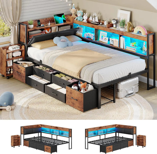 MSmask 14 Inch Corner Bed Frame with Pull-Out Cabinet - Bookcase & Headboad Storage, Twin LED Daybed with 6 Drawers, Charging Station