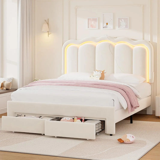Queen Upholstered LED Bed Frame with 2 Storage Drawers and Adjustable Chic Double Wavy Headboard - Velvet Princess Platform Bed with Charing Station
