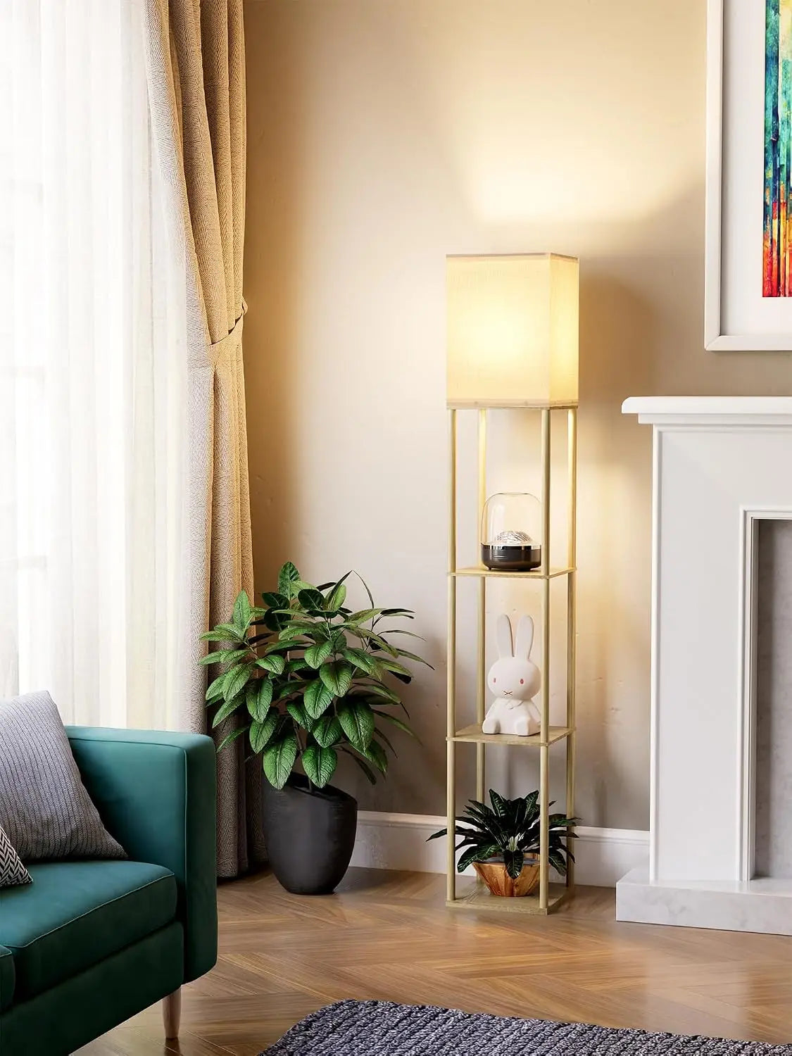 Floor Lamp with Shelves for Living Room Natural Wood - Shelf Floor Lamp with 3 CCT LED Bulb