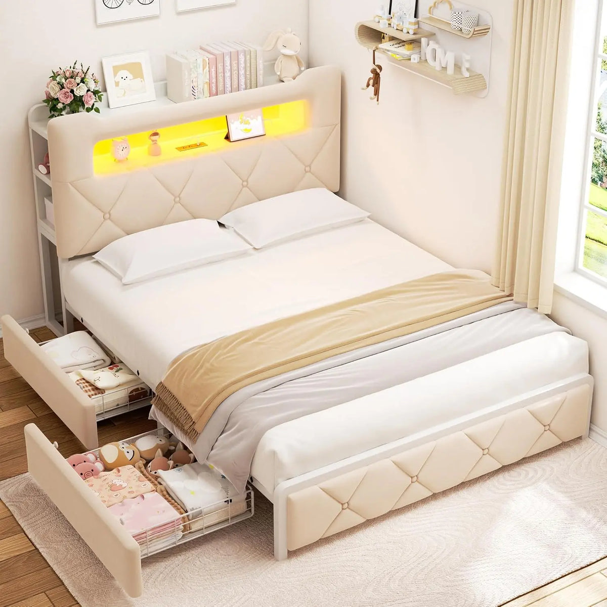 Full Upholstered LED Bed Frame with 2 Storage Drawers and 2-Tier Storage Headboard - Velvet Princess Platform Bed with Charging Station & Bookcase