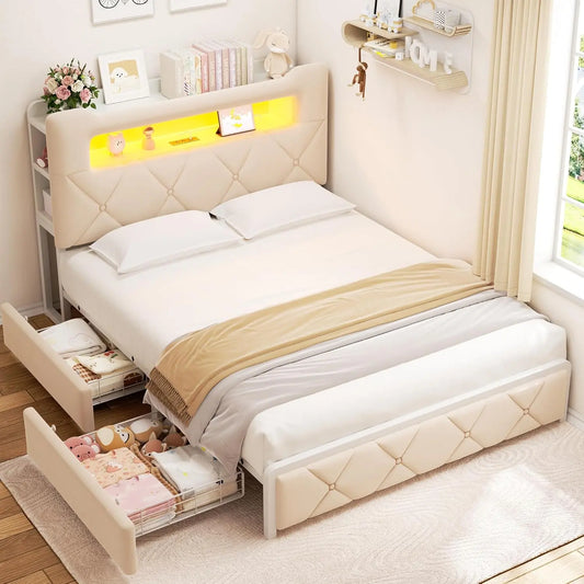 Full Upholstered LED Bed Frame with 2 Storage Drawers and 2-Tier Storage Headboard - Velvet Princess Platform Bed with Charging Station & Bookcase