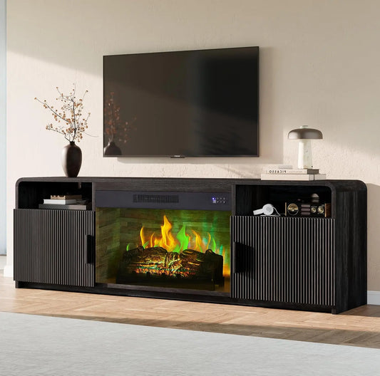 AMERLIFE 70 Inch Fluted TV Stand with 30 Inch Electric Fireplace