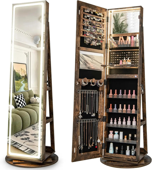 CHARMAID 360° Swivel Jewelry Armoire - With LED Lighted Full Length Mirror