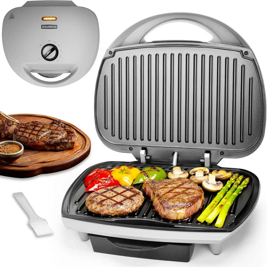 SugarWhisk Family-sized Contact Grill - 6-Serving Electric Indoor Grill with Adjustable Temp Control, Ceramic Coating, 1500W, Silver
