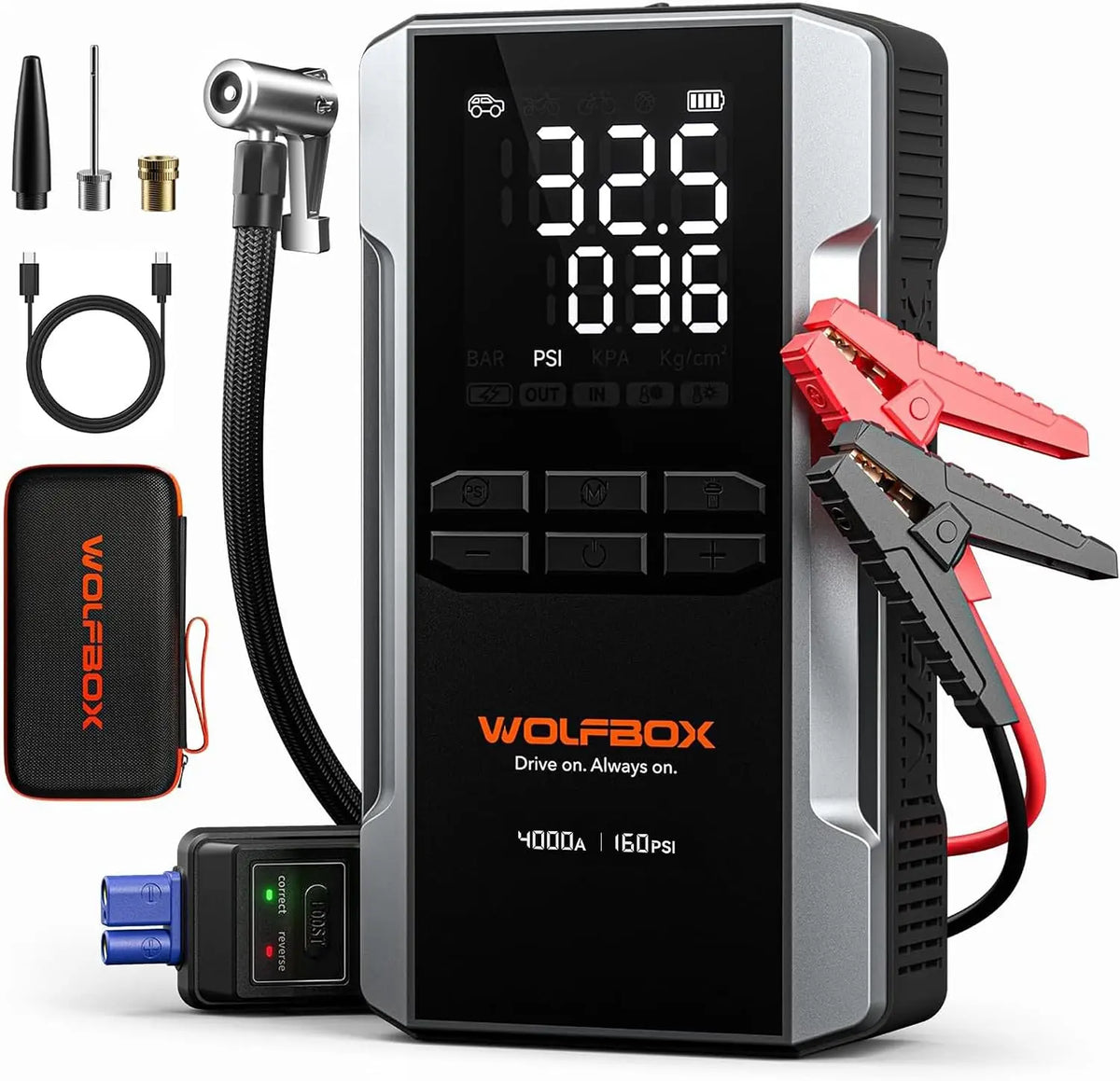 WOLFBOX MV24A 4000A Jump Starter with 160PSI Air Compressor - 12V Car Battery Booster, 88.8Wh Portable Jump Box, 10L Gas/10L Diesel, Tire Inflator