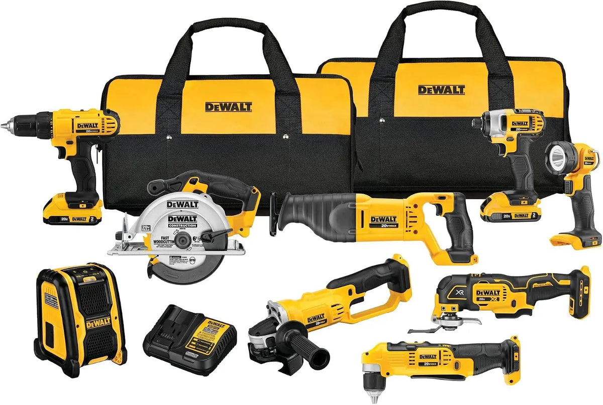 DEWALT 20V Max Power Tools - 9 Cordless Tool Combo, Impact and Drill Driver, Oscillating Tool, Grinder, Circular and Reciprocating Saw, Speaker