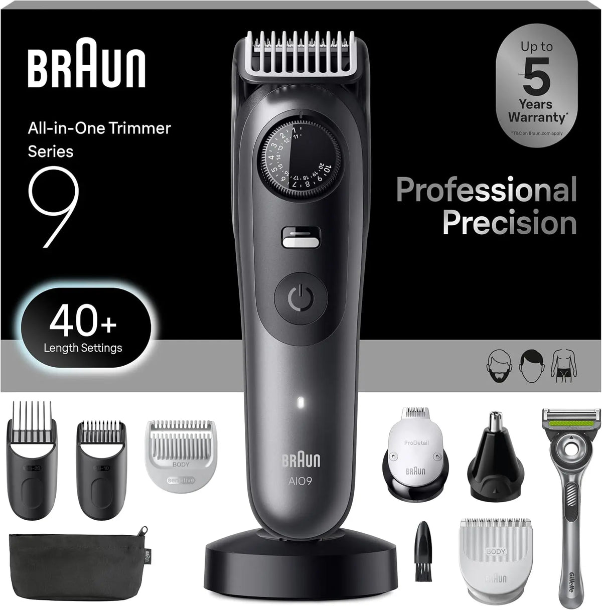 Braun All-in-One Series 9 Men's Electric Beard Trimmer - Hair Clipper, Shaver & Razor for Face, Hair & Body, AIO 9535 with Gillette Labs Razor